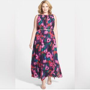 Eliza J 14W Dress Maxi Ikat Watercolor Chiffon Wedding Brunch Shower Party